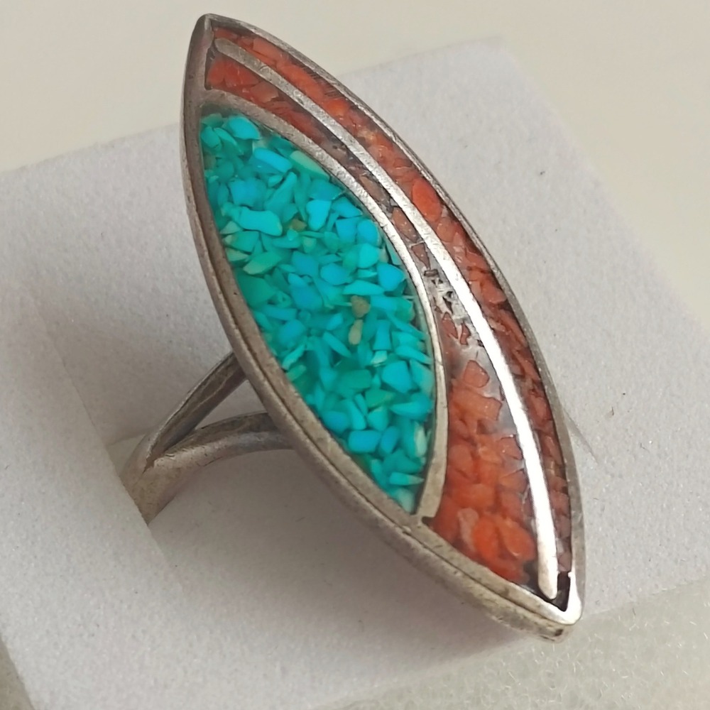 Sterling Silver Turquoise Coral Chip Inlay Cocktail Ring Statement Size 6.5
